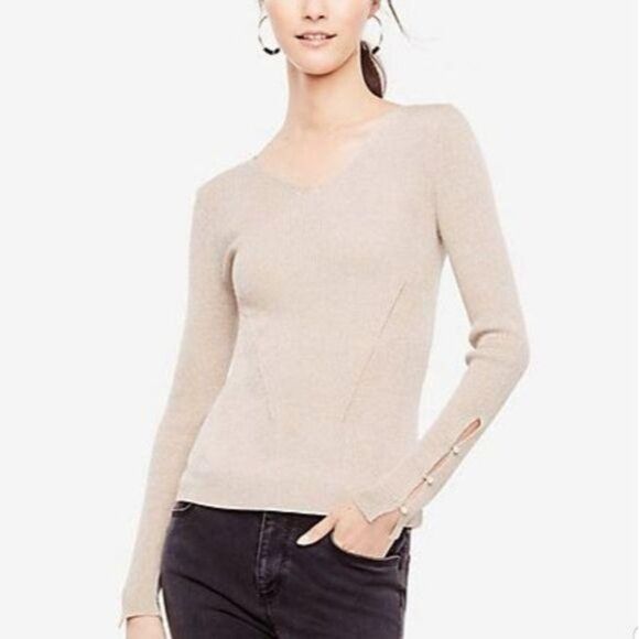 NWT Ann Taylor Metallic Shimmer Pearlized Slit Cuff Sweater LP - Picture 1 of 7